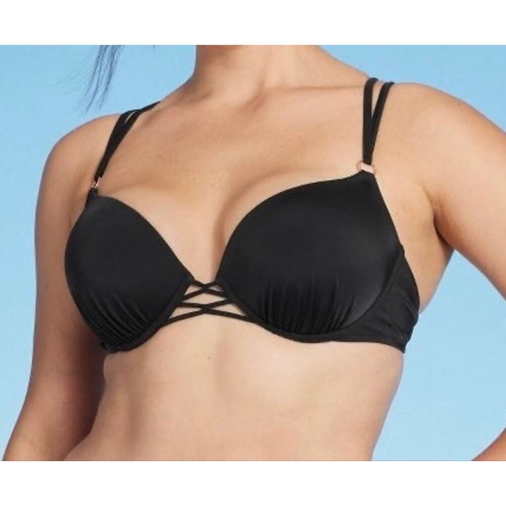 Shade And‎ Shore 34D Push Up Halter Black Bikini Top NWT Sexy Beach Strappy